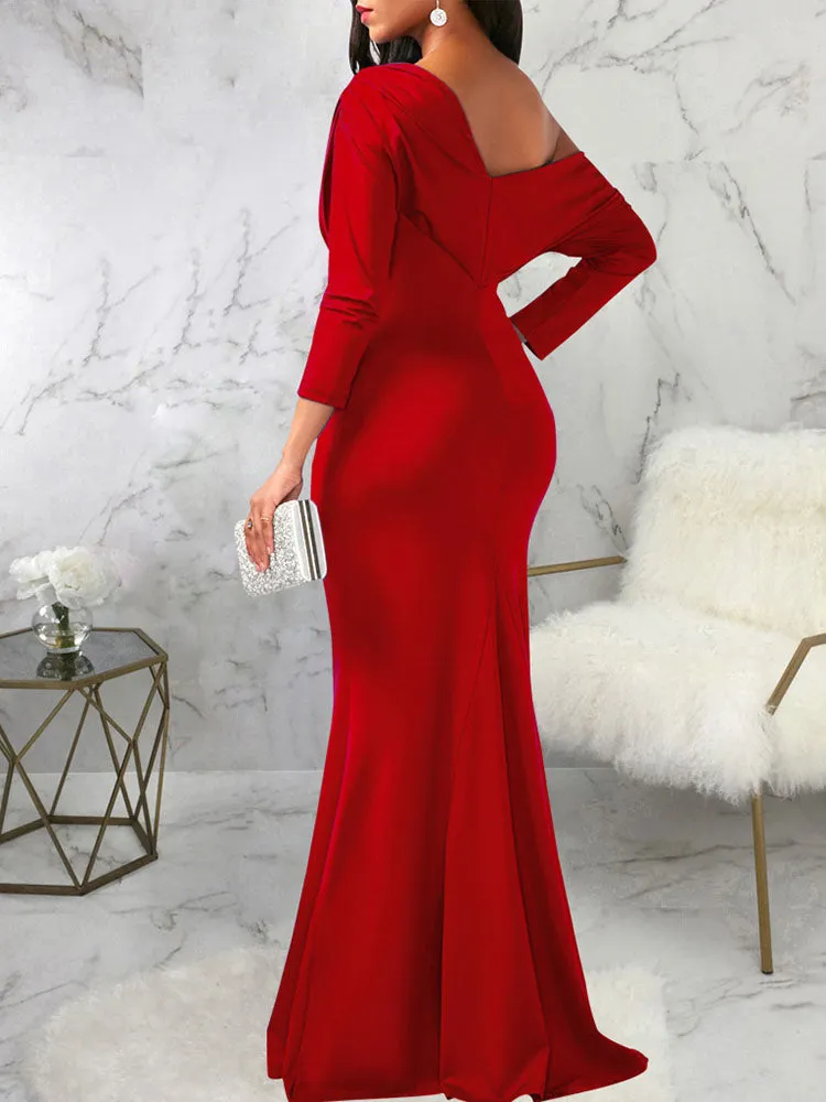 Long Sleeves One Shoulder Maxi Dresses