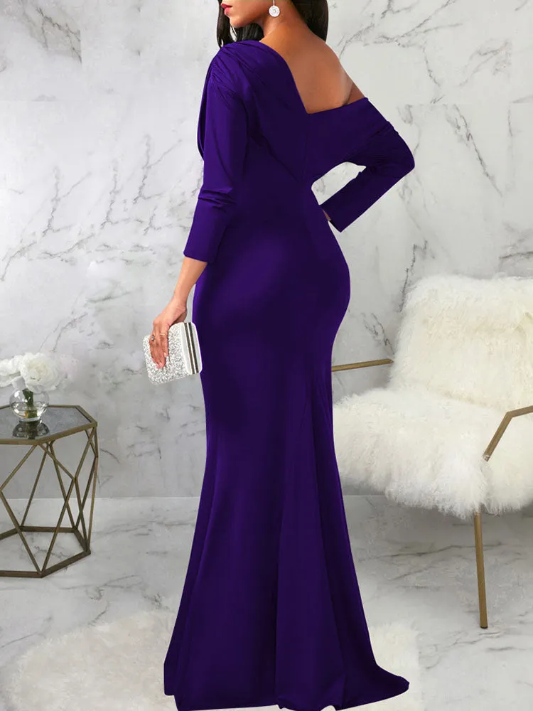 Long Sleeves One Shoulder Maxi Dresses