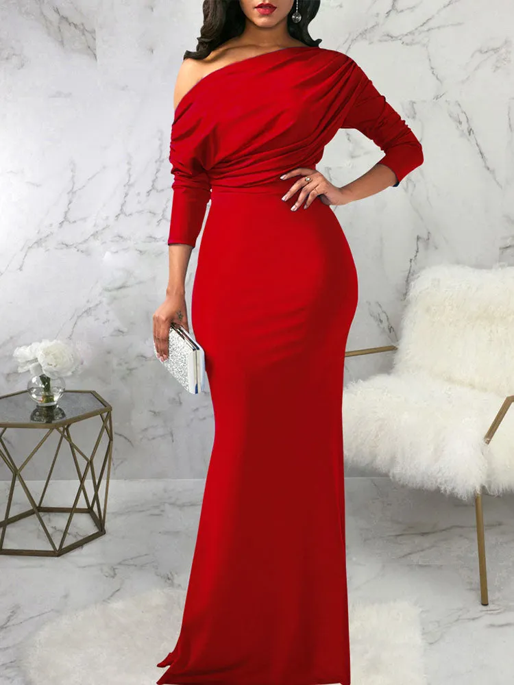 Long Sleeves One Shoulder Maxi Dresses