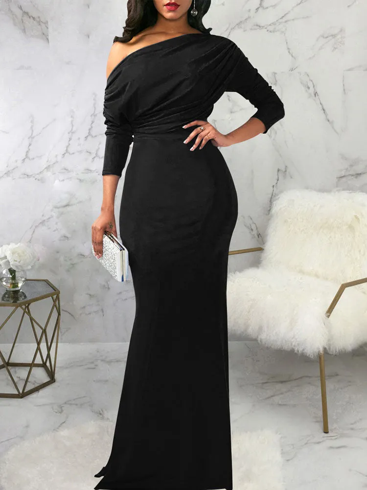 Long Sleeves One Shoulder Maxi Dresses