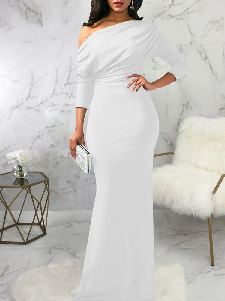 Long Sleeves One Shoulder Maxi Dresses