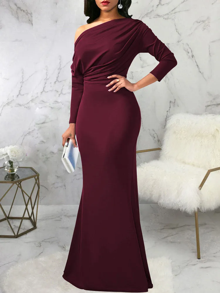 Long Sleeves One Shoulder Maxi Dresses