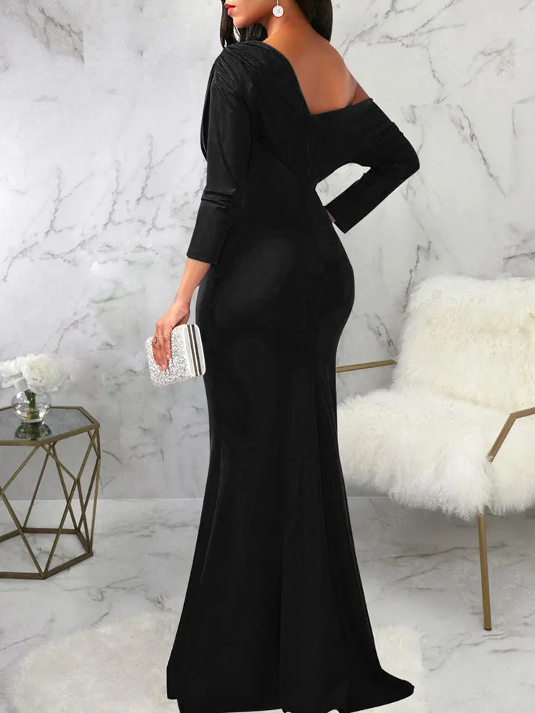 Long Sleeves One Shoulder Maxi Dresses