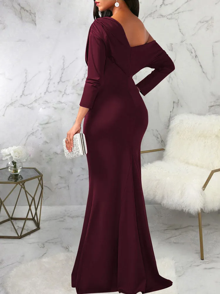 Long Sleeves One Shoulder Maxi Dresses