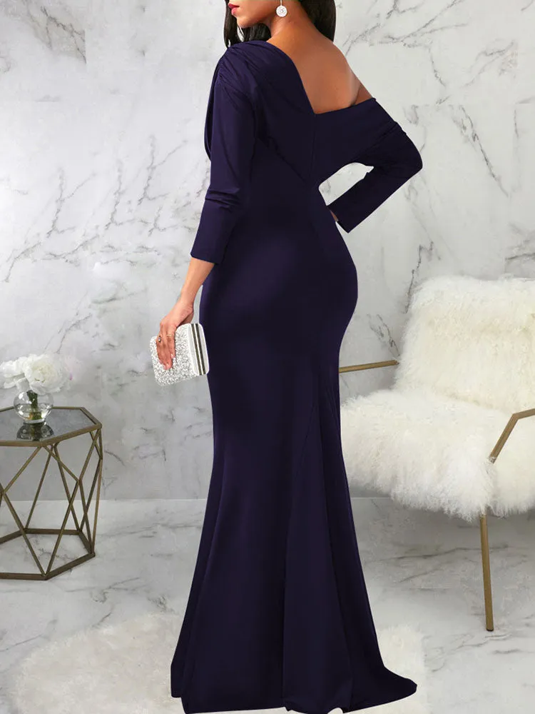 Long Sleeves One Shoulder Maxi Dresses