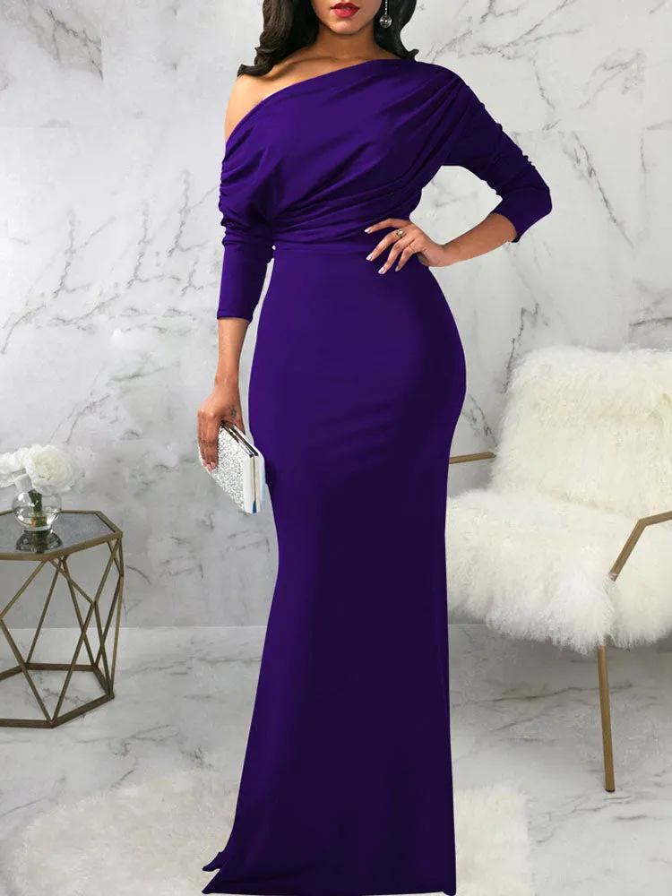 Long Sleeves One Shoulder Maxi Dresses