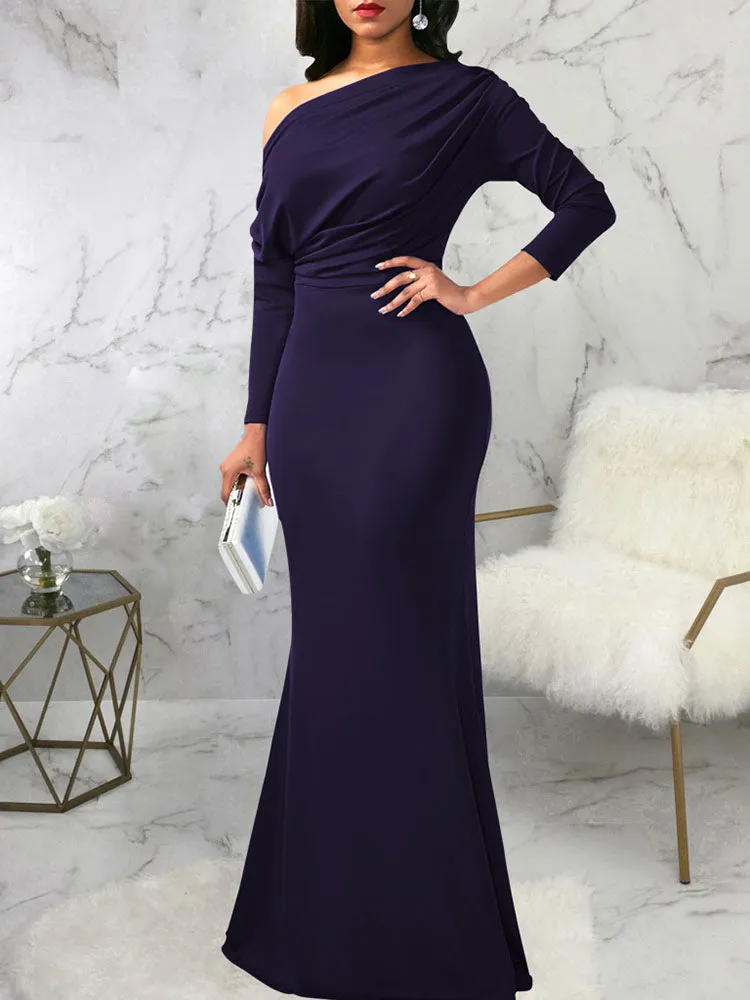 Long Sleeves One Shoulder Maxi Dresses