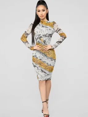 Long Sleeves Snake Print Midi Dresses