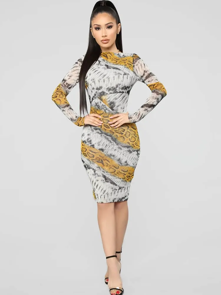 Long Sleeves Snake Print Midi Dresses