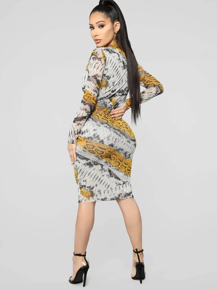 Long Sleeves Snake Print Midi Dresses