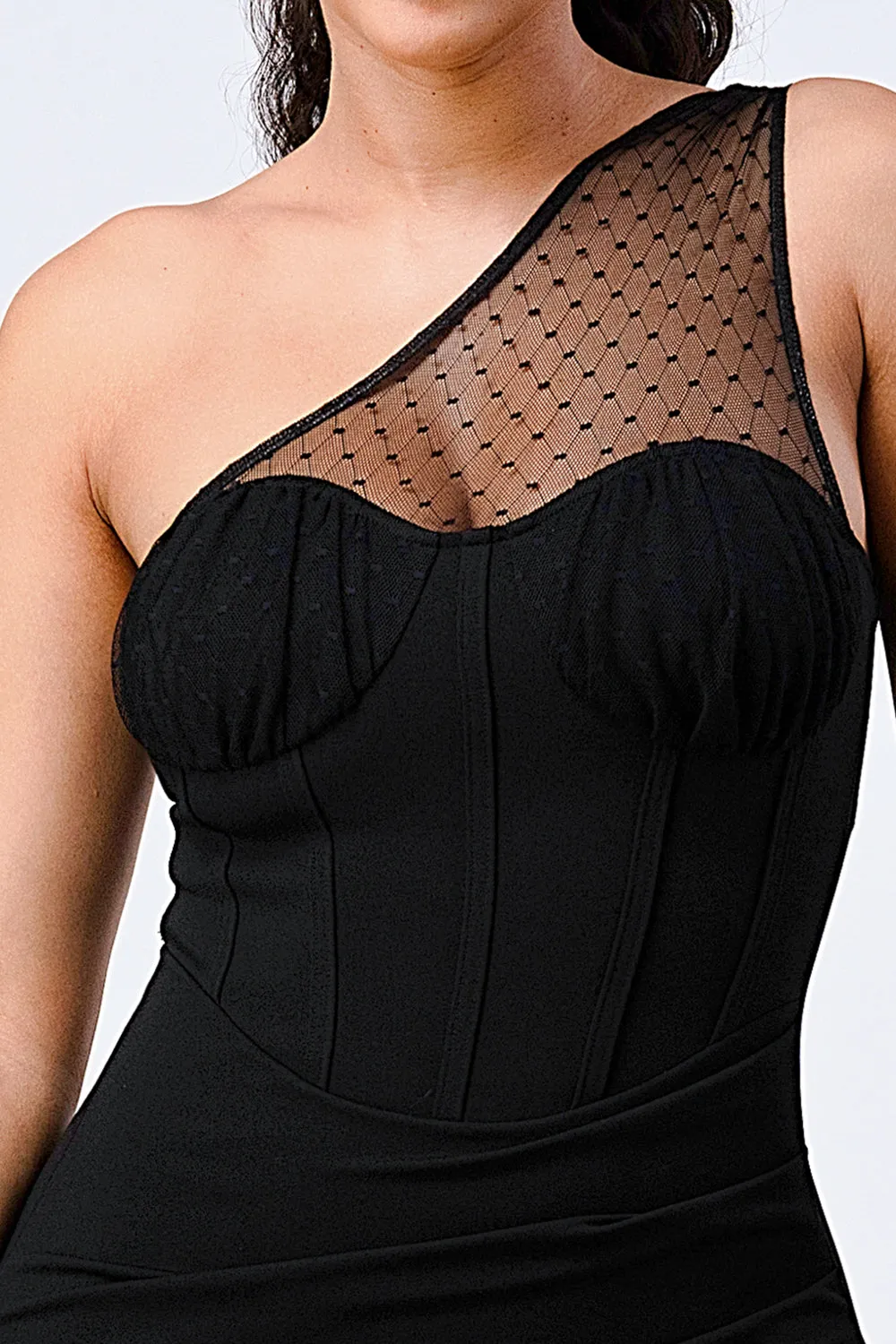 LUX MESH ONE SHOULDER CONTRAST BODYCON DRESS