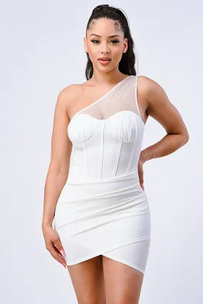LUX MESH ONE SHOULDER CONTRAST BODYCON DRESS