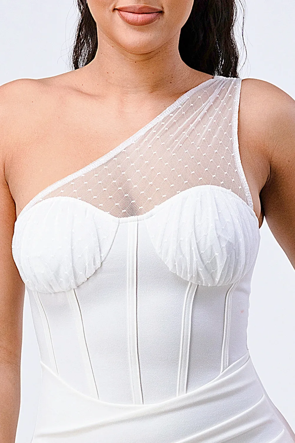 LUX MESH ONE SHOULDER CONTRAST BODYCON DRESS