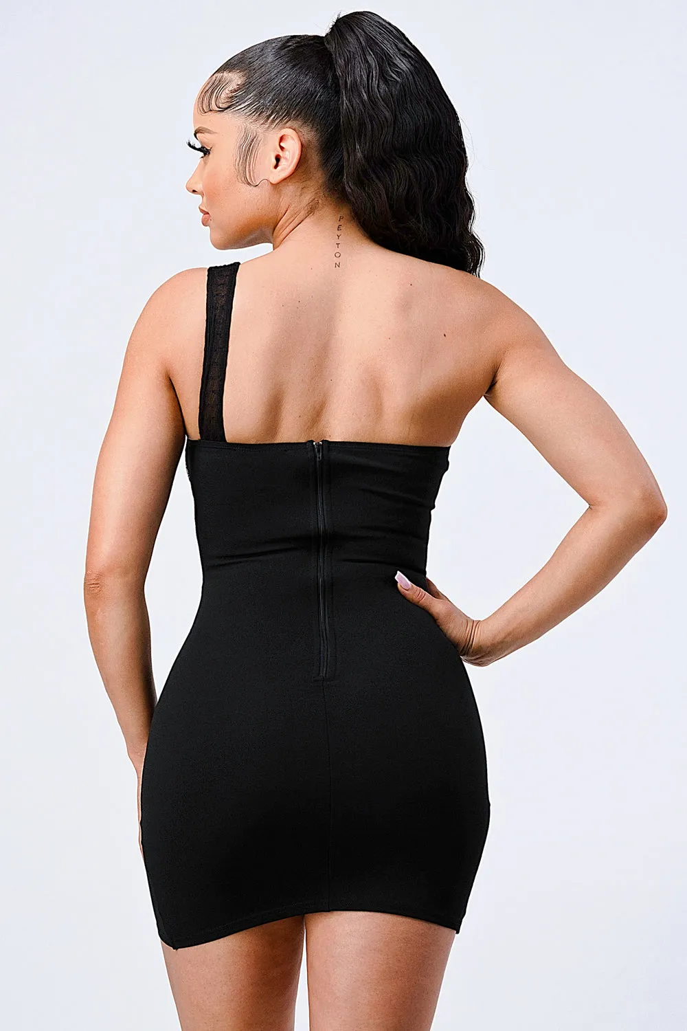 LUX MESH ONE SHOULDER CONTRAST BODYCON DRESS