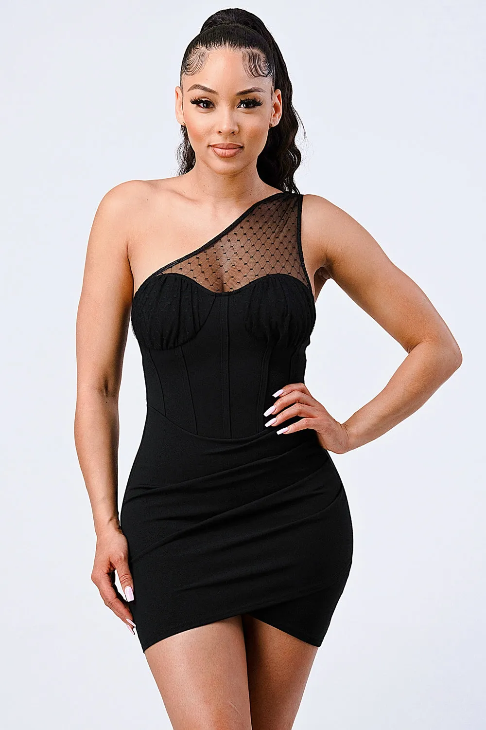 LUX MESH ONE SHOULDER CONTRAST BODYCON DRESS