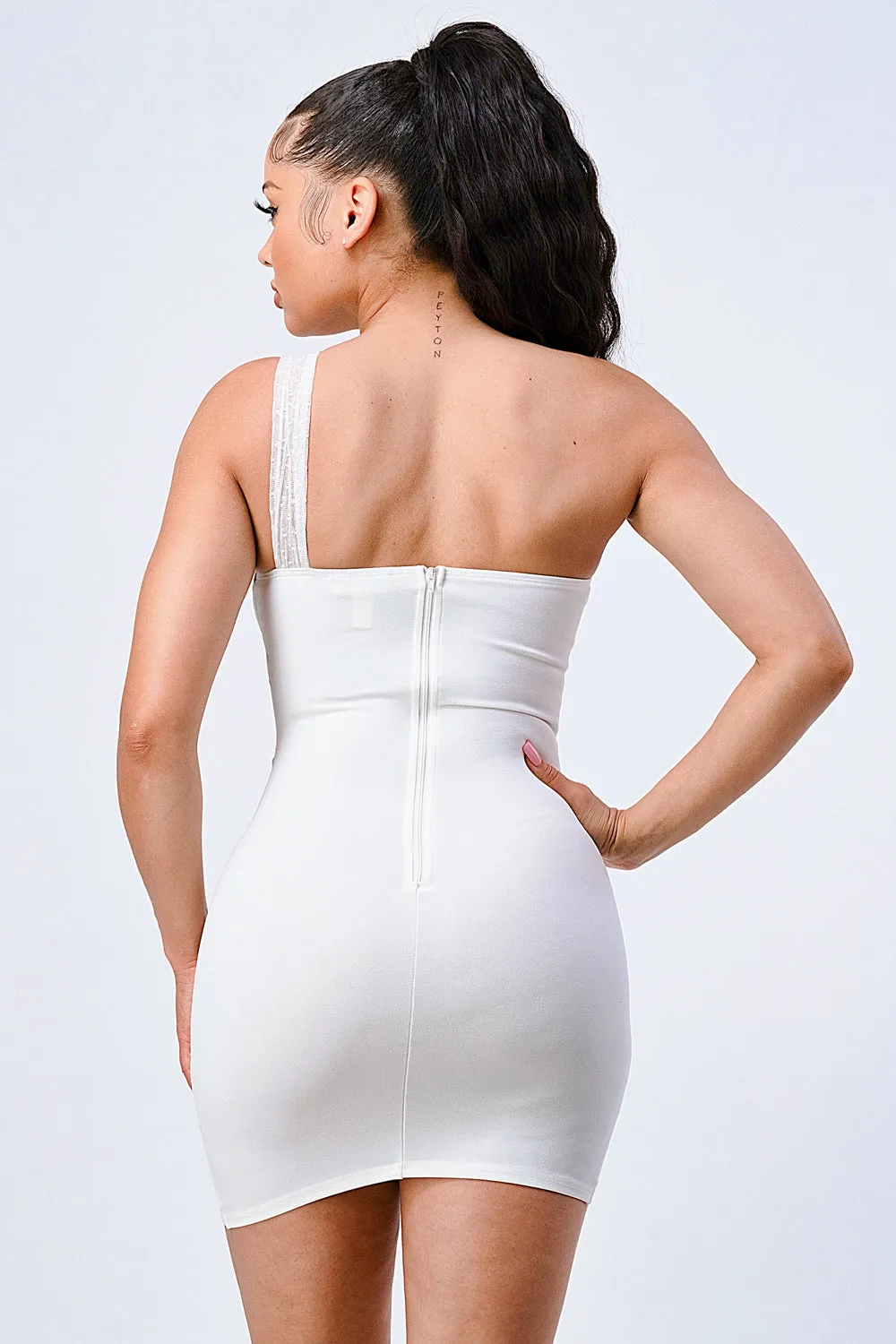 LUX MESH ONE SHOULDER CONTRAST BODYCON DRESS
