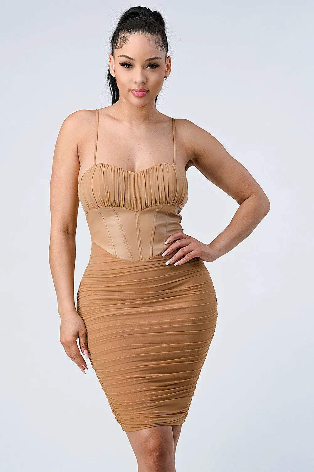 LUX MESH SWEETHEART PU CONTRAST BODYCON DRESS