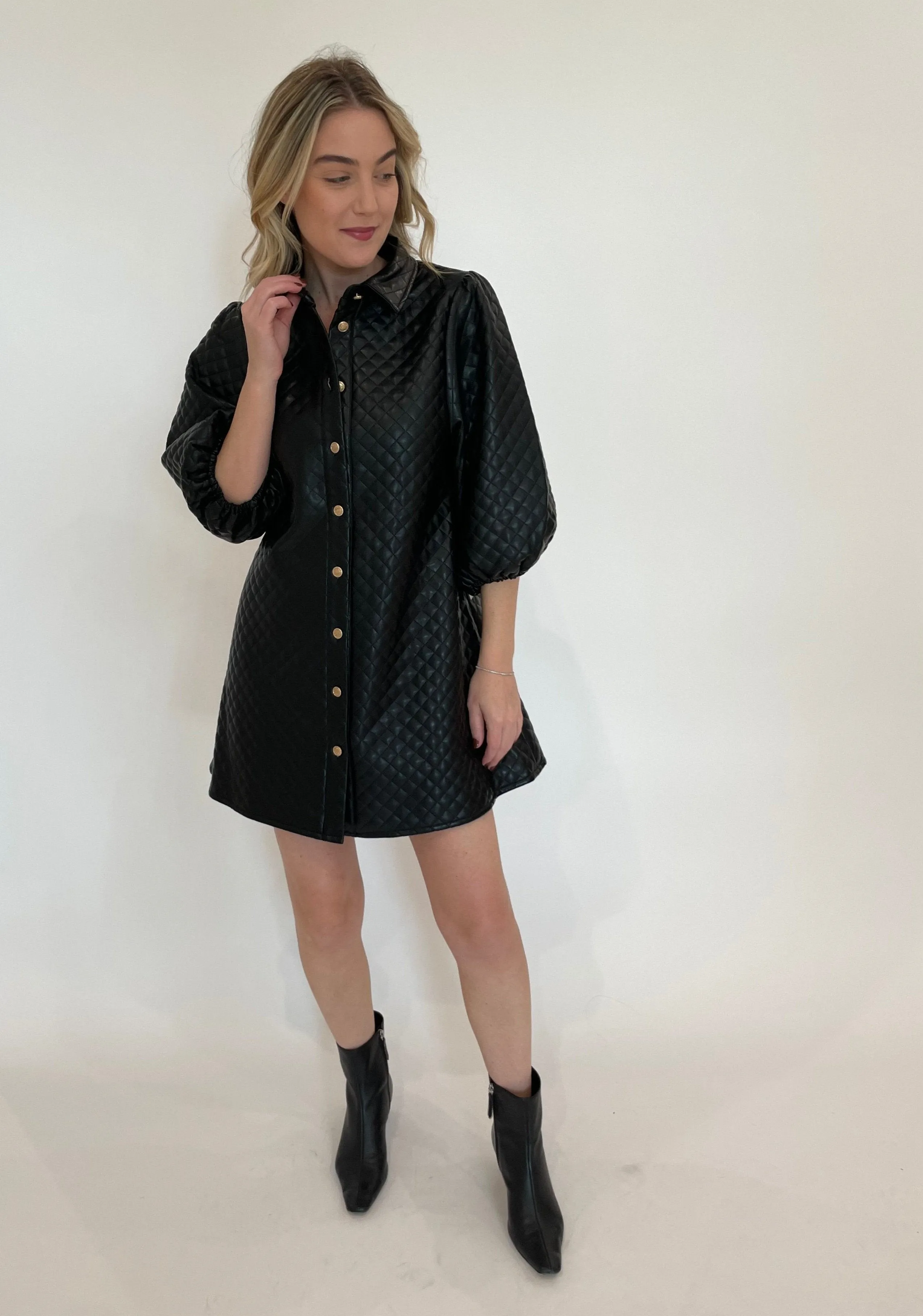 Maya Quilted Vegan Leather Dress - Black