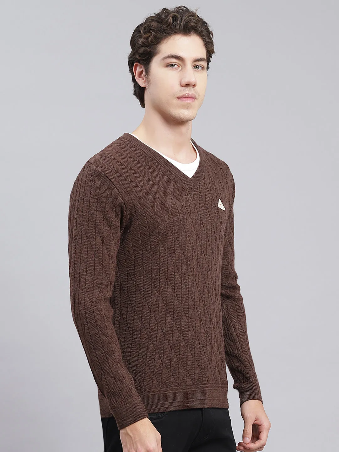 Men Brown Self Design Wool blend Pullover