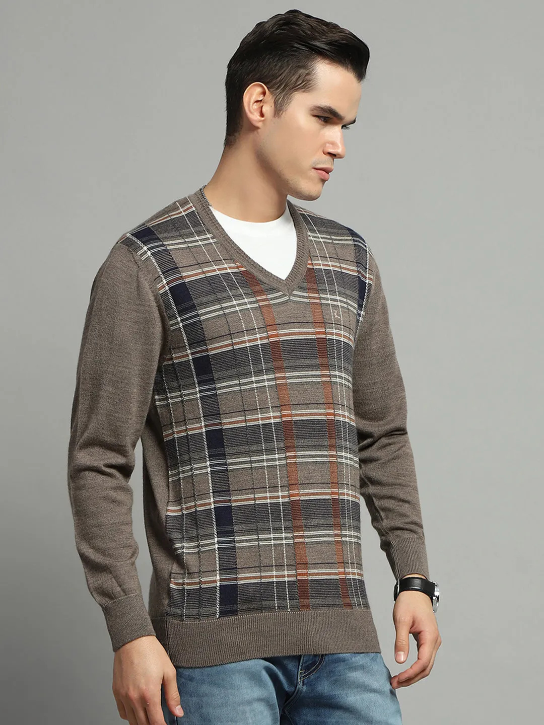 Men Grey Check V Neck Full Sleeve Pullover