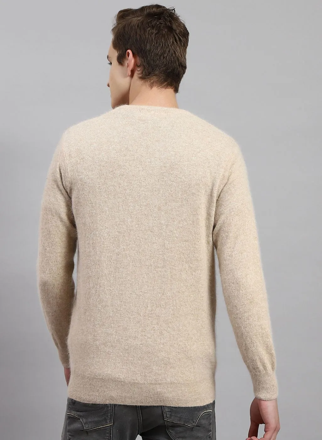 Men Light Brown Solid Angoora Pullover