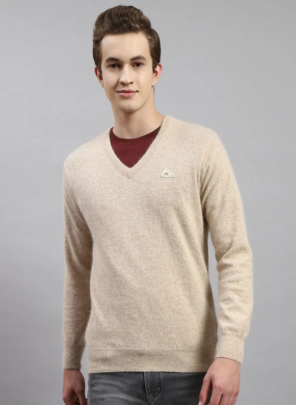 Men Light Brown Solid Angoora Pullover