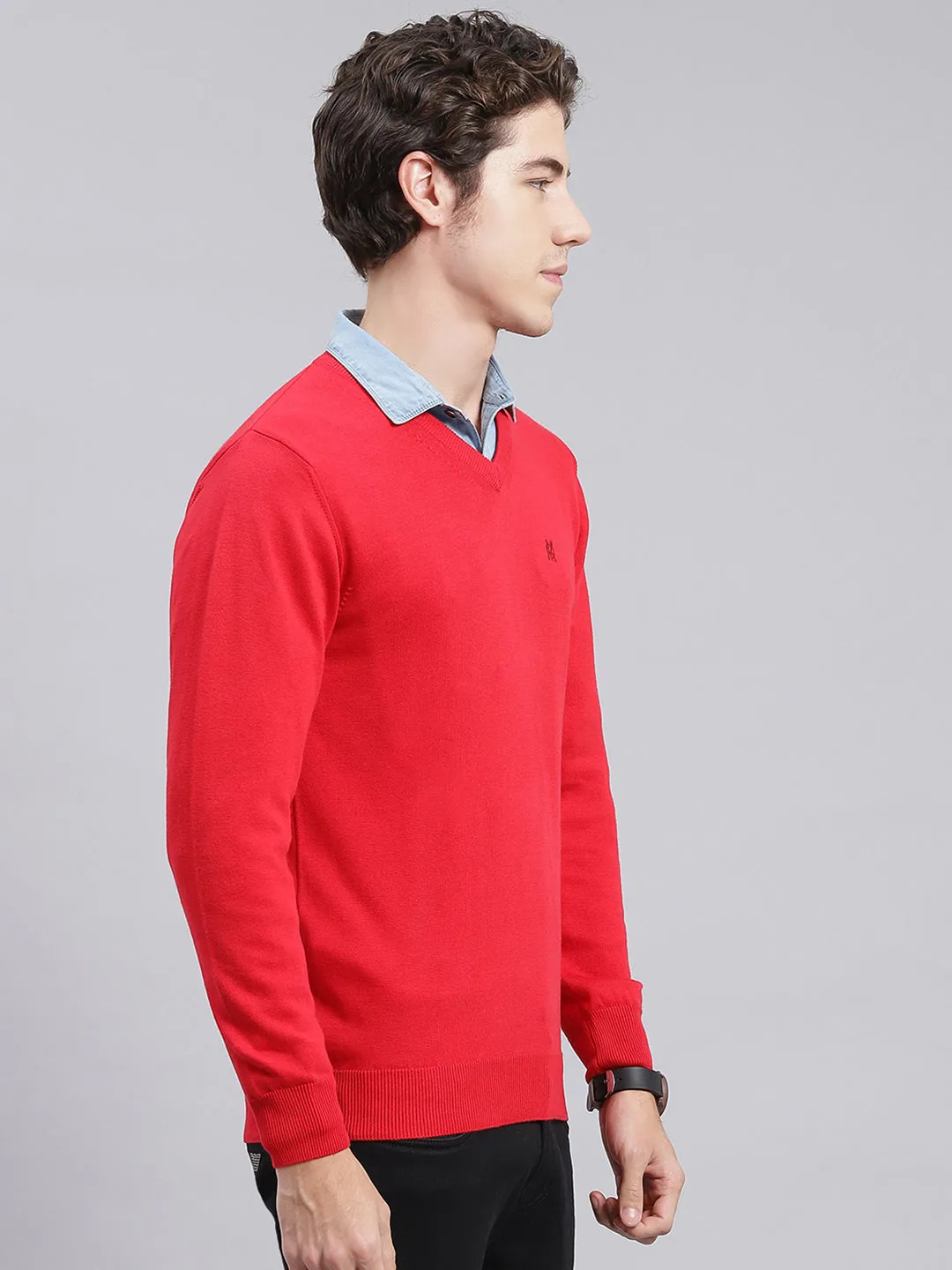 Men Red Solid Cotton Pullover