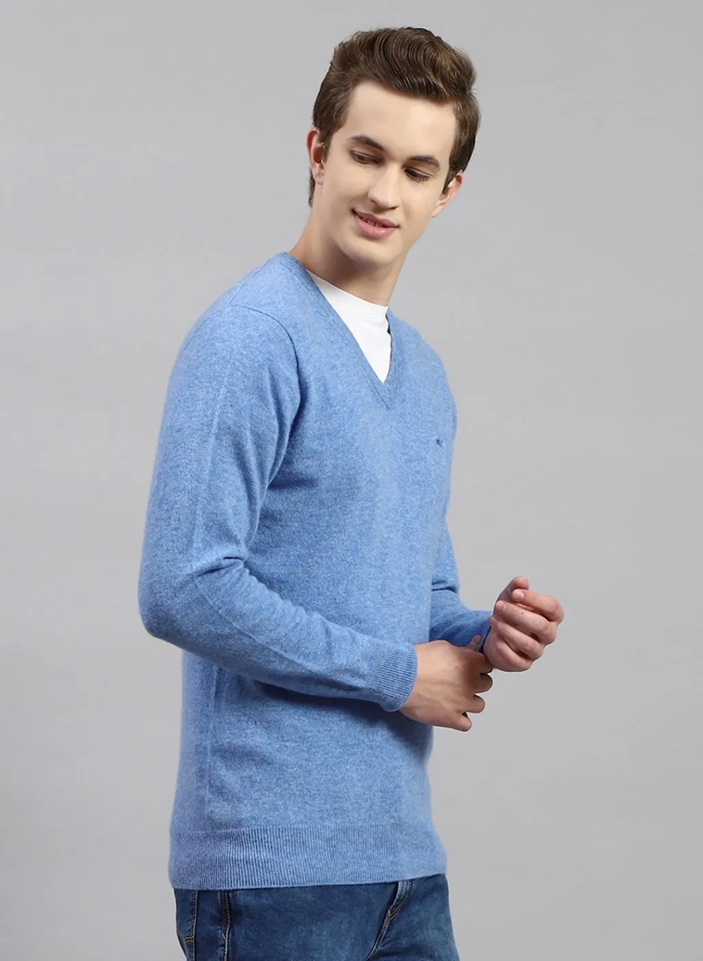 Men Sky Blue Solid Lamb wool Pullover