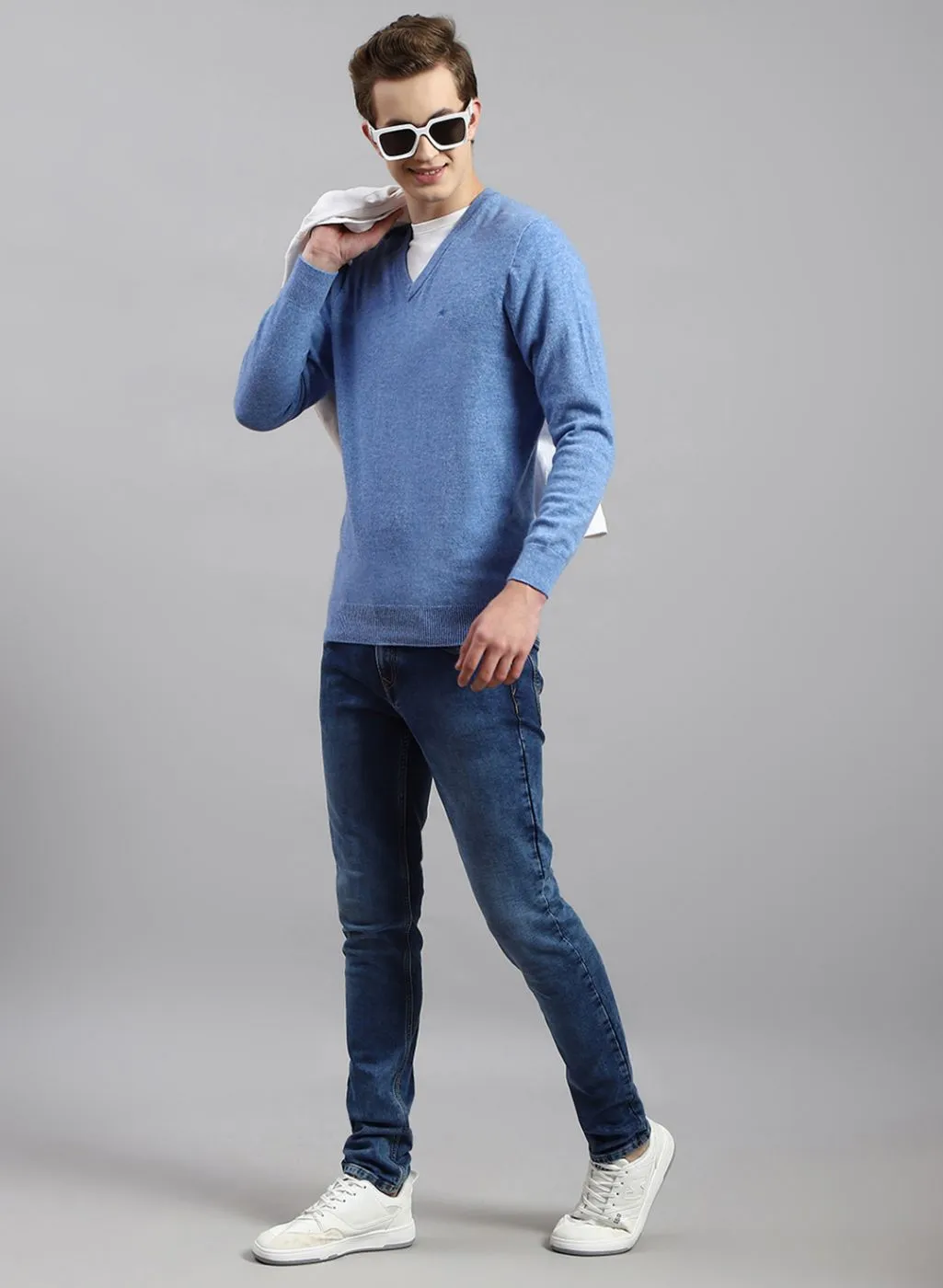 Men Sky Blue Solid Lamb wool Pullover