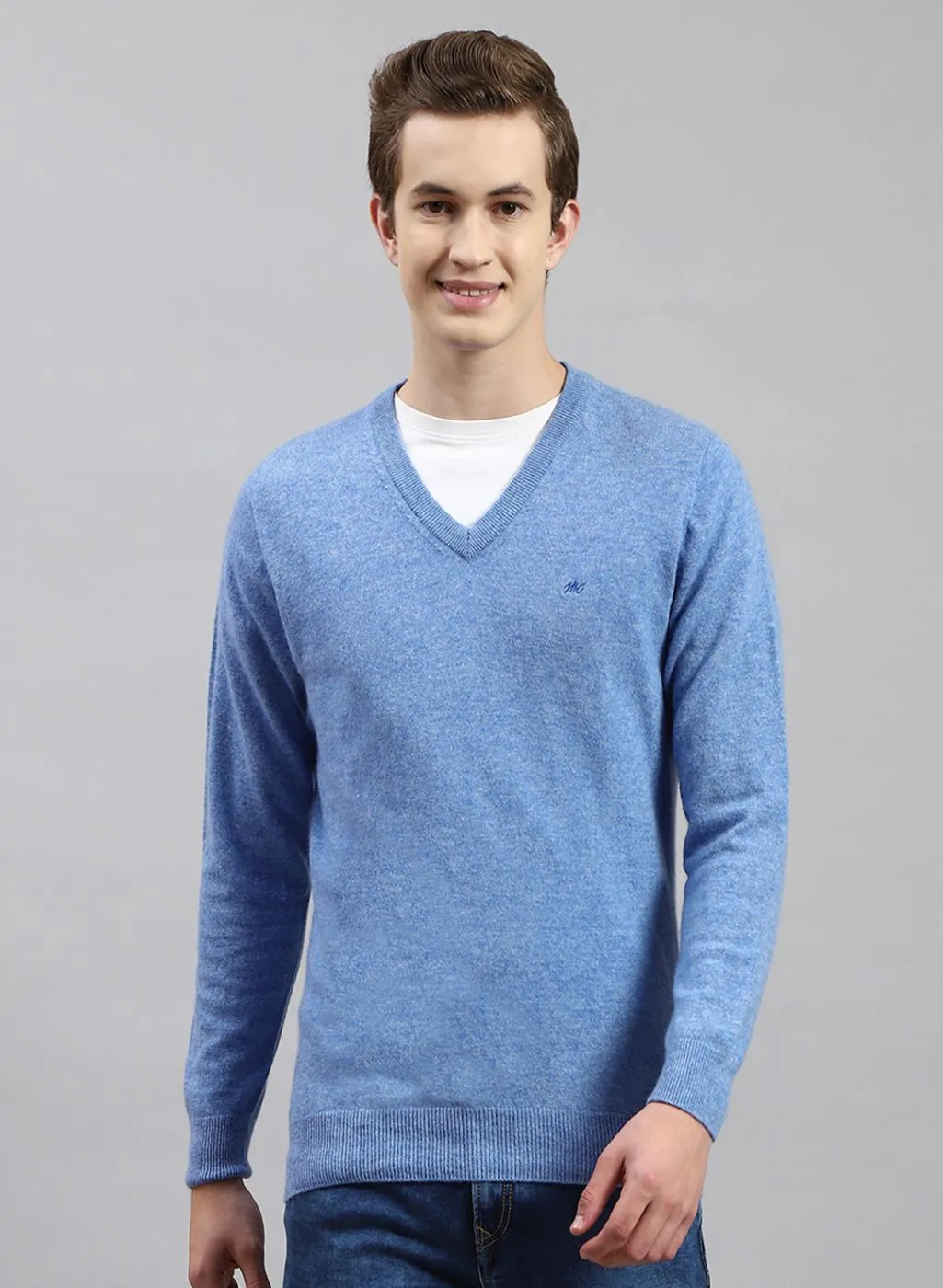 Men Sky Blue Solid Lamb wool Pullover