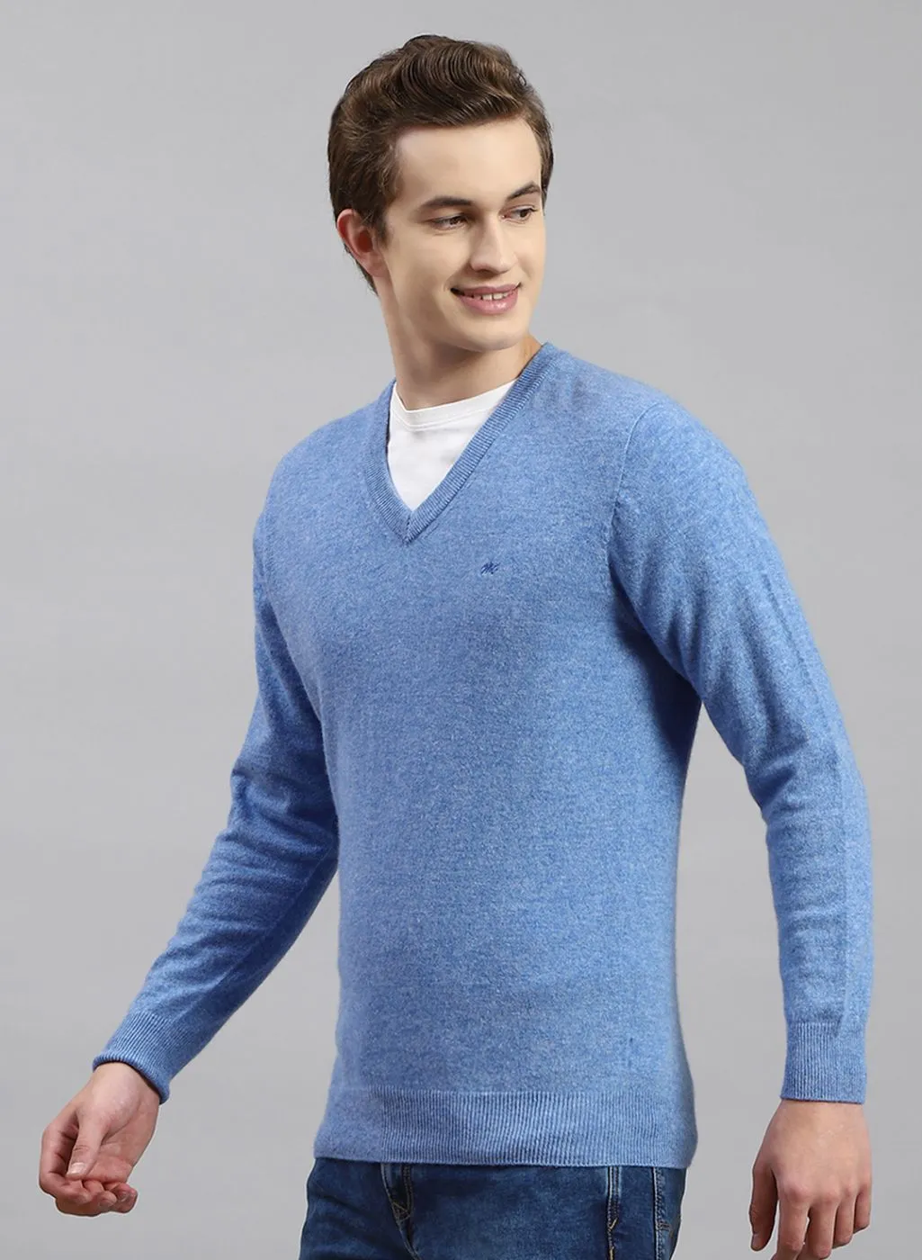 Men Sky Blue Solid Lamb wool Pullover
