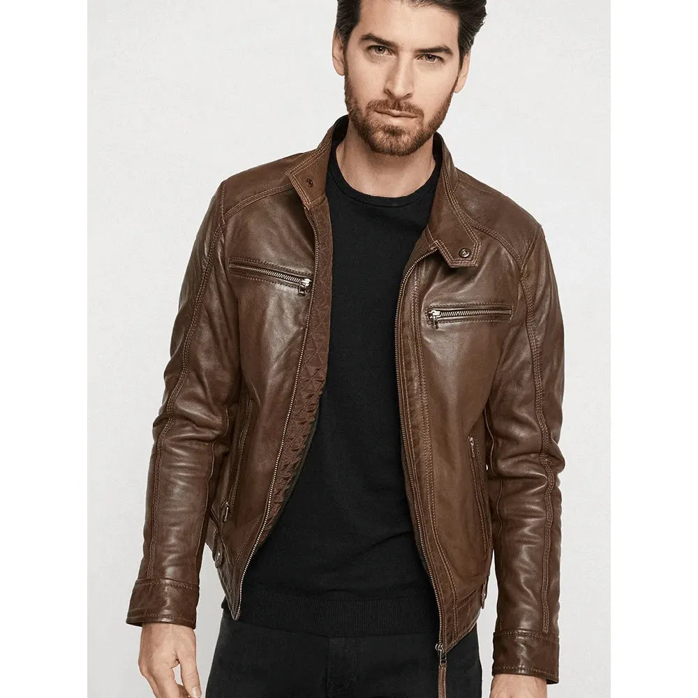 Men's Hooded Brown Leather Jacket