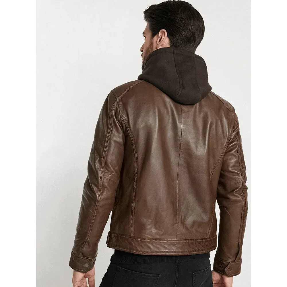 Men's Hooded Brown Leather Jacket