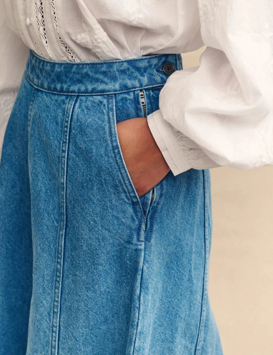 Mid Wash Denim Midi Skirt