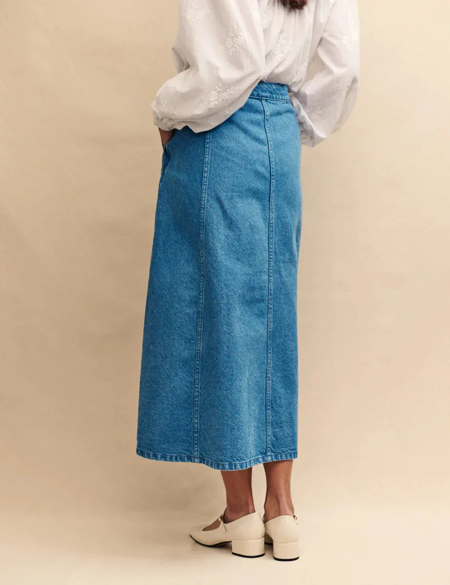 Mid Wash Denim Midi Skirt