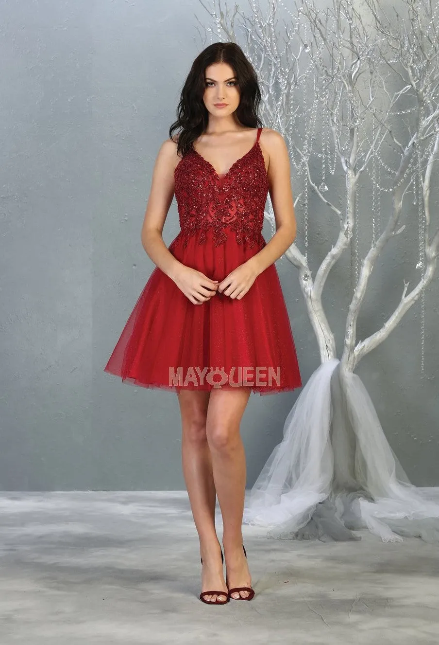 MQ 1813 - A-Line Homecoming Dress with Sheer Lace Embroidered Bodice & Layered Shimmering Tulle Skirt
