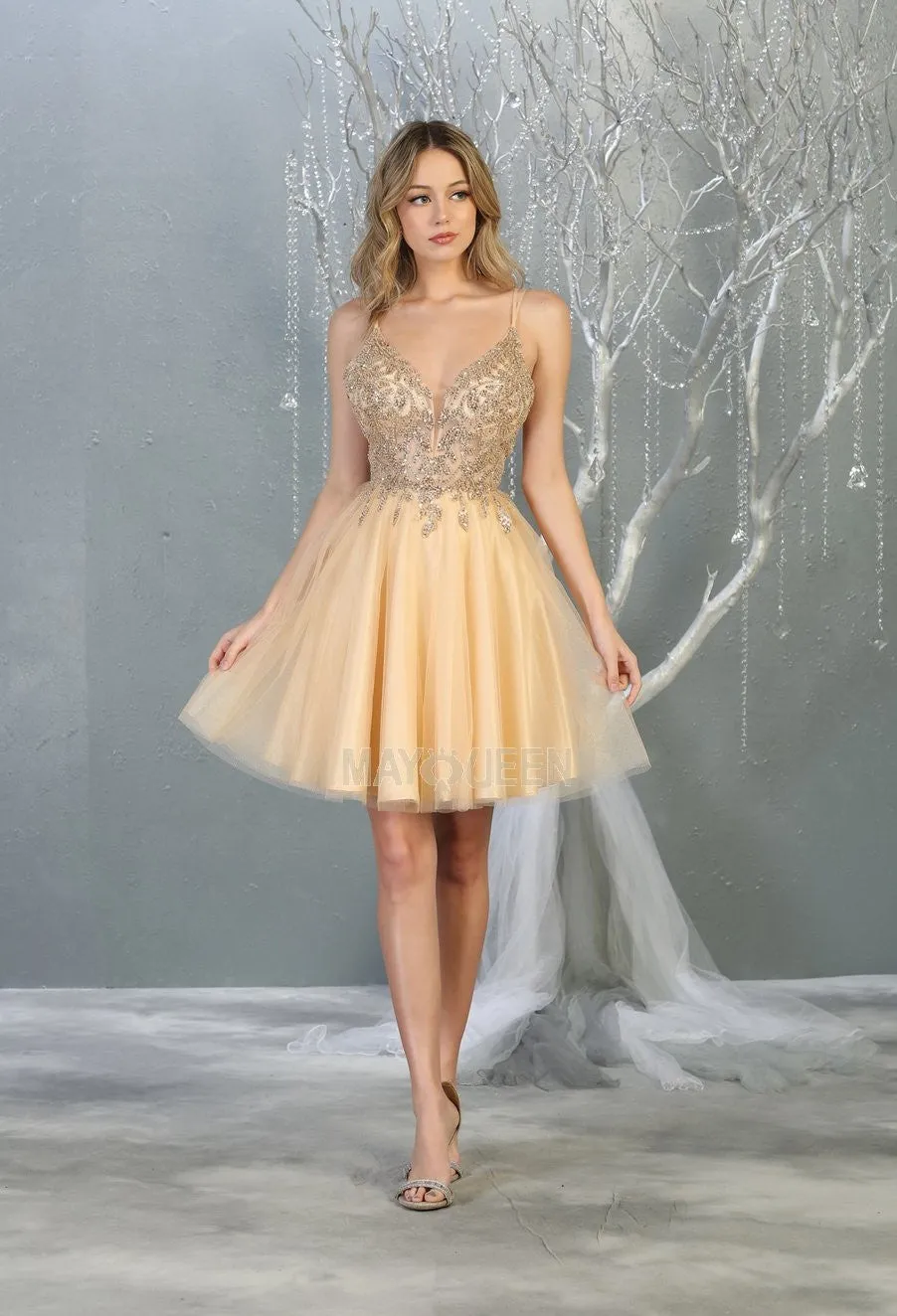 MQ 1813 - A-Line Homecoming Dress with Sheer Lace Embroidered Bodice & Layered Shimmering Tulle Skirt