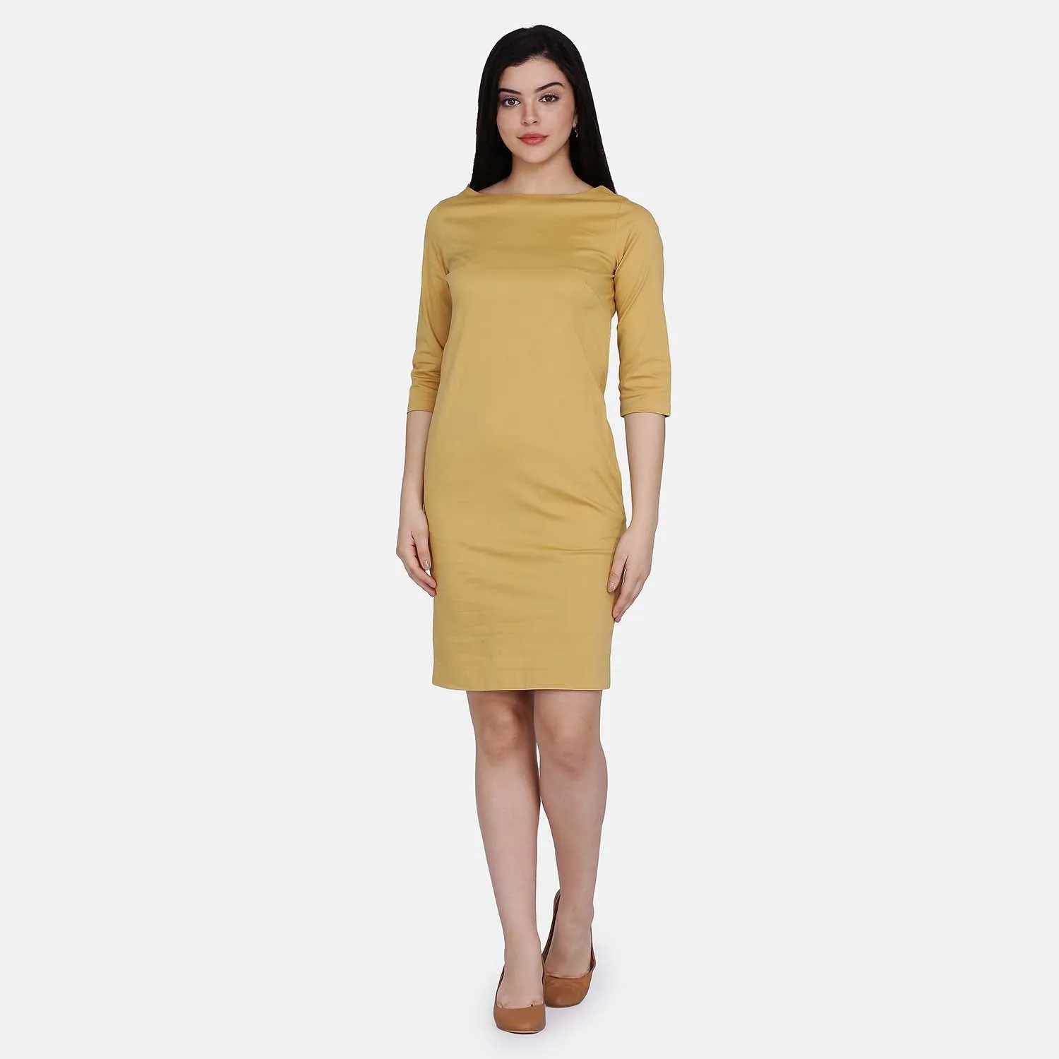 Mustard Yellow Cotton Poplin Ladies Work Sheath Dress
