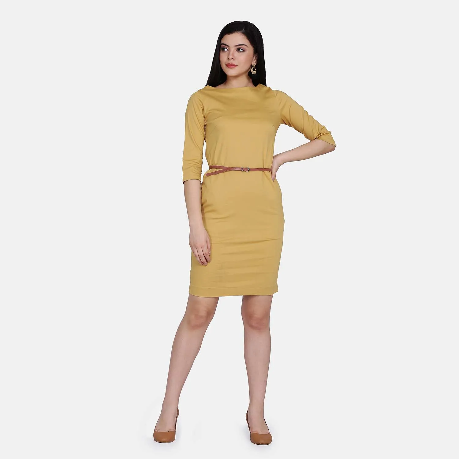 Mustard Yellow Cotton Poplin Ladies Work Sheath Dress