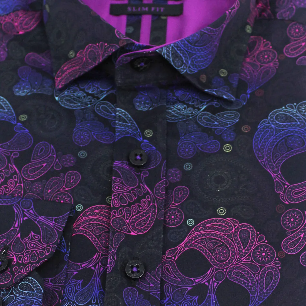 Neon Skull and Bones With Paisley Button Down Shirt