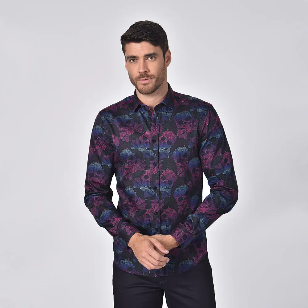 Neon Skull and Bones With Paisley Button Down Shirt