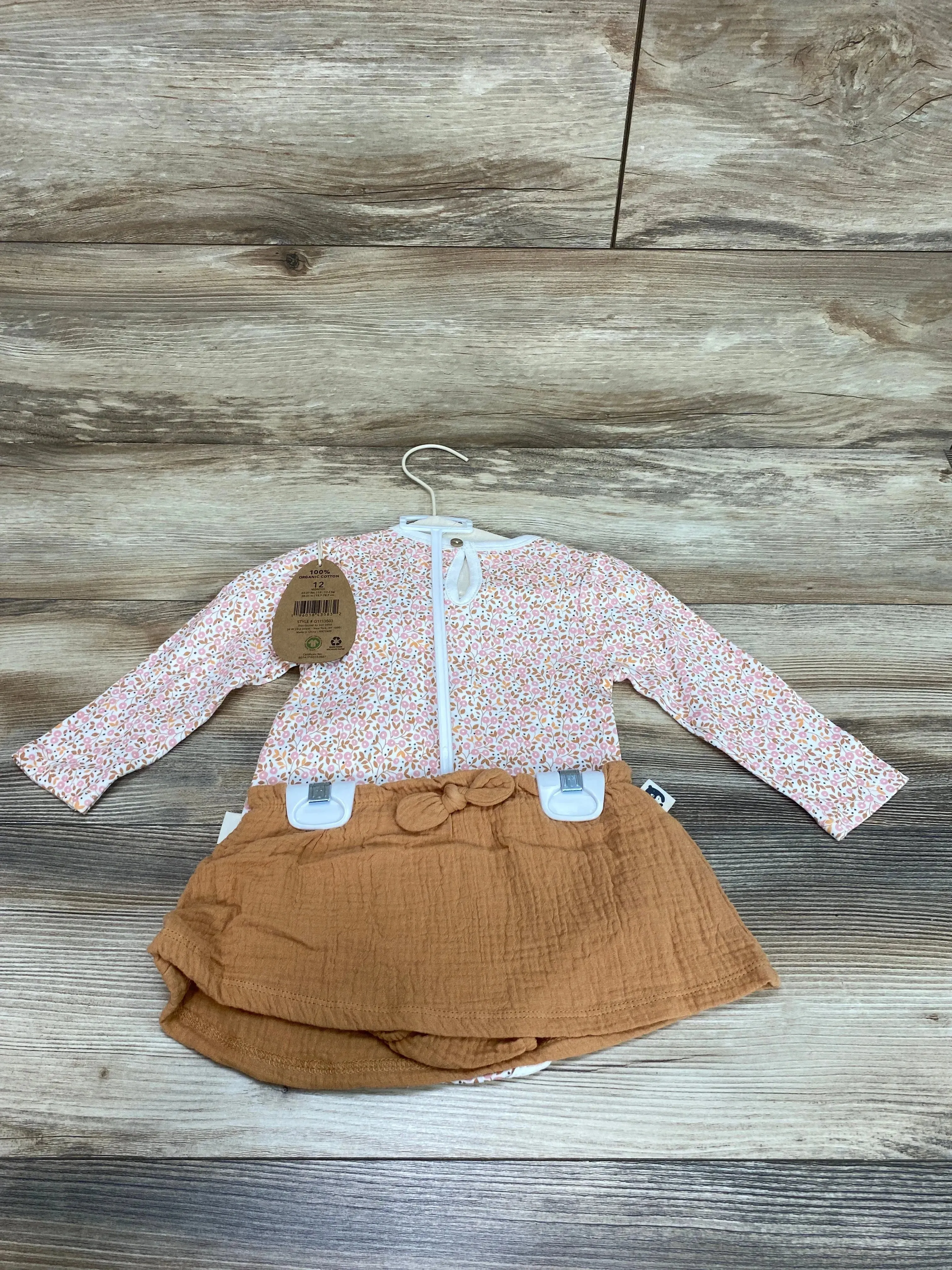 NEW Rabbit   Bear Organic 3Pc Floral Print Bodysuit & Skort Set Pink Sz 12m