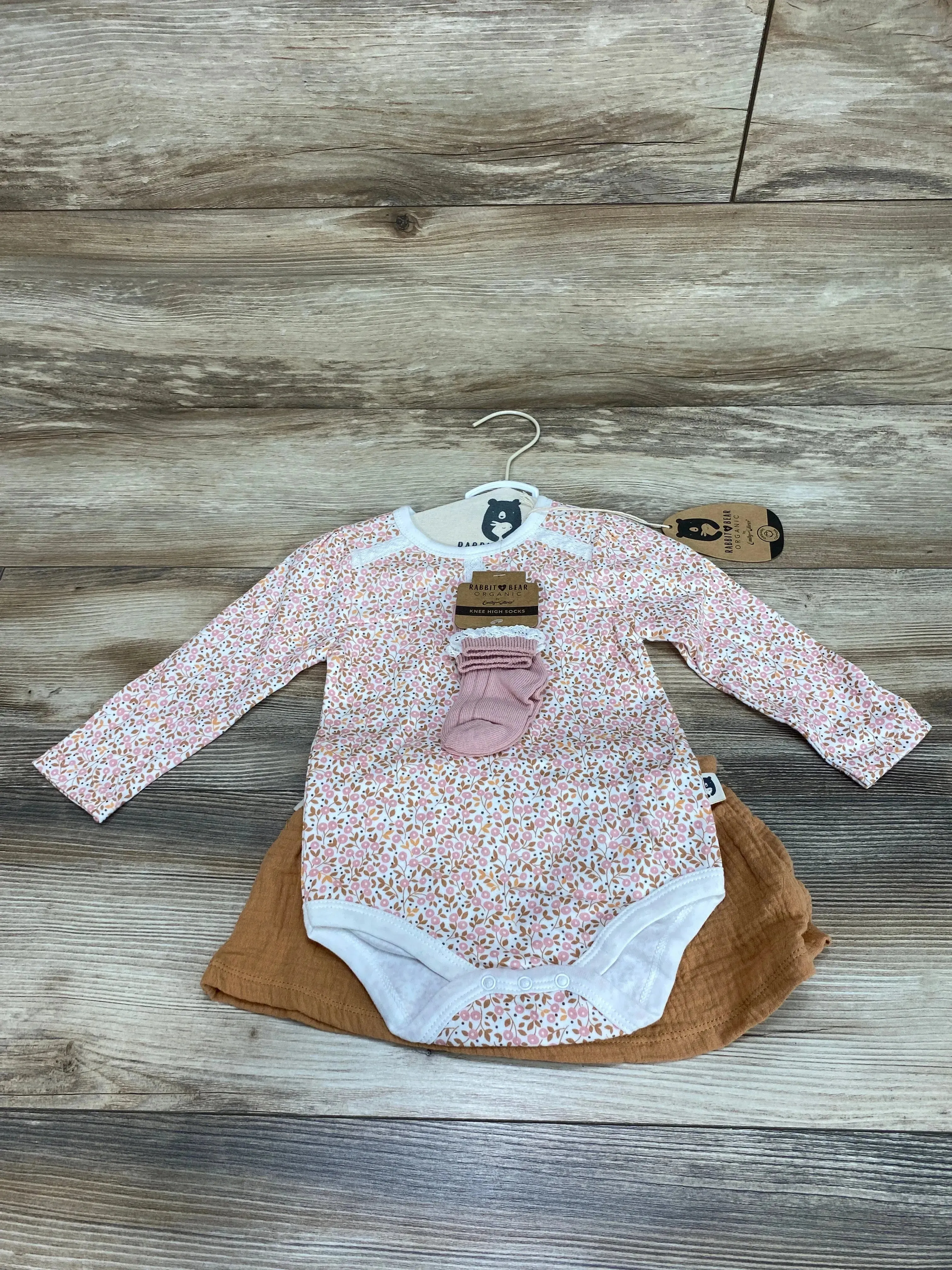 NEW Rabbit   Bear Organic 3Pc Floral Print Bodysuit & Skort Set Pink Sz 12m