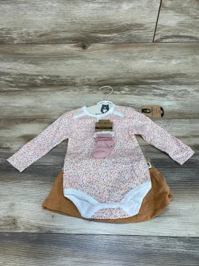 NEW Rabbit   Bear Organic 3Pc Floral Print Bodysuit & Skort Set Pink Sz 12m