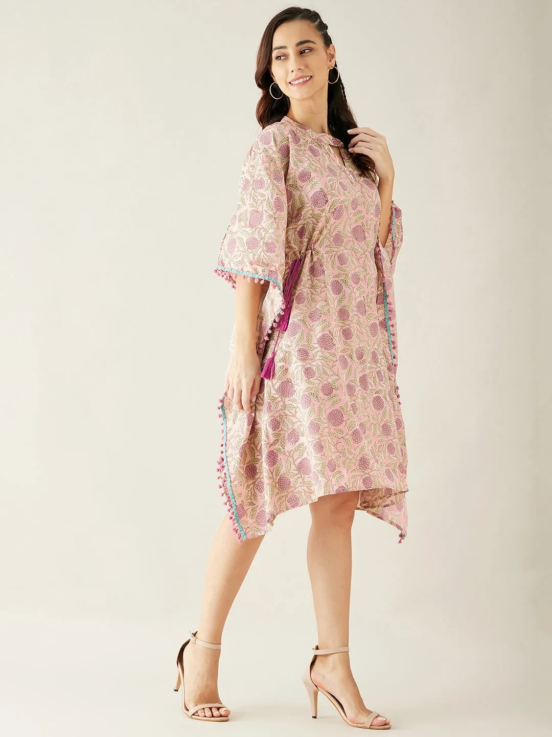 Pink Hand Block Floral Printed Cotton Kaftan Dress