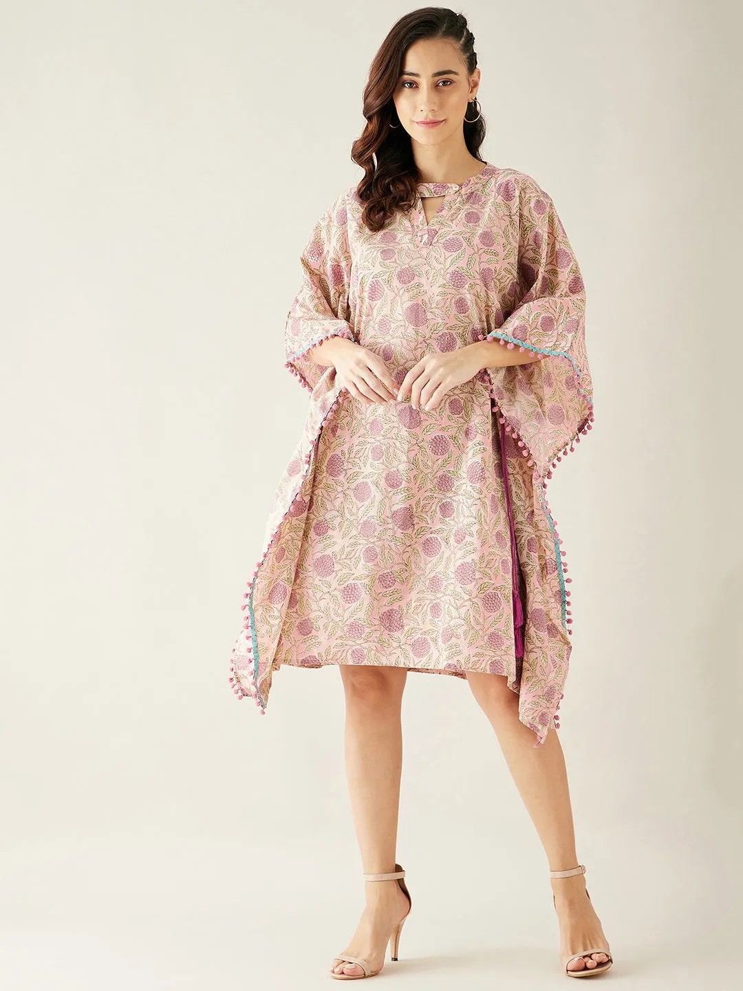 Pink Hand Block Floral Printed Cotton Kaftan Dress