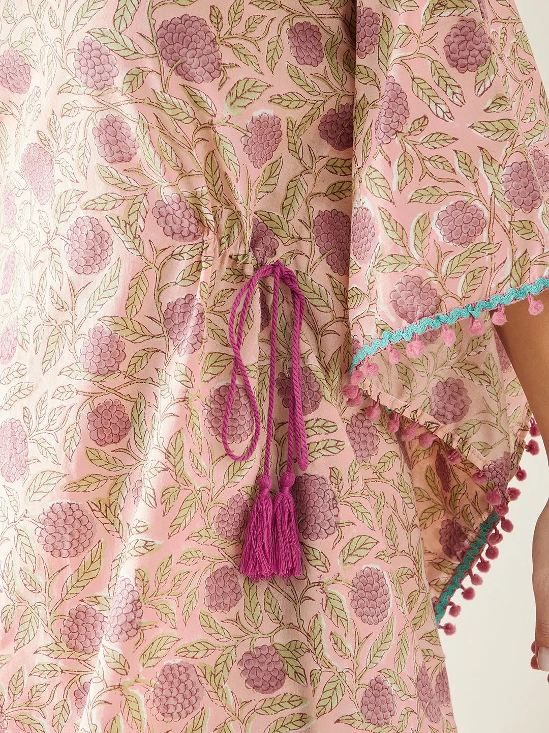 Pink Hand Block Floral Printed Cotton Kaftan Dress