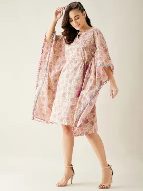 Pink Hand Block Floral Printed Cotton Kaftan Dress