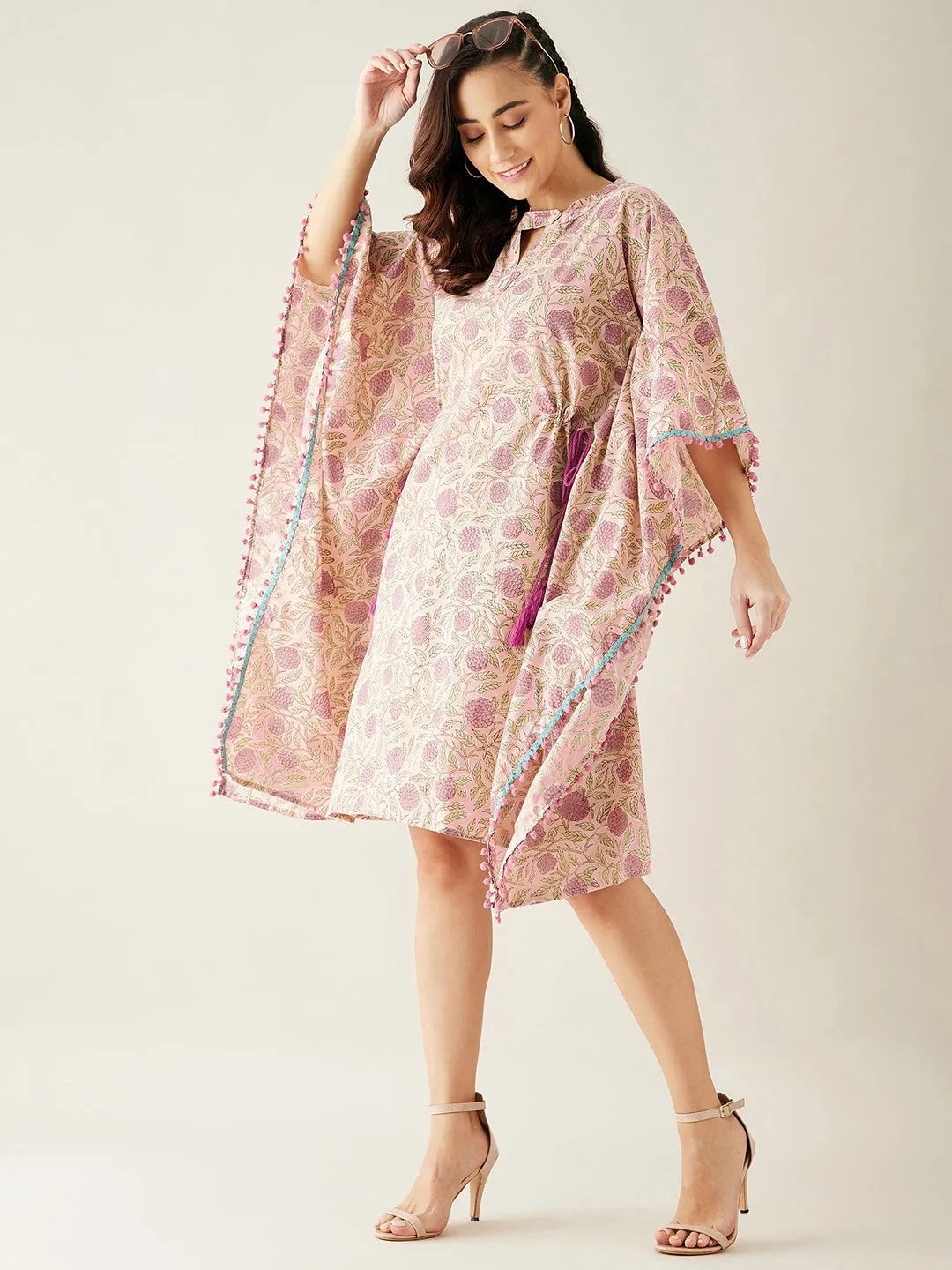 Pink Hand Block Floral Printed Cotton Kaftan Dress