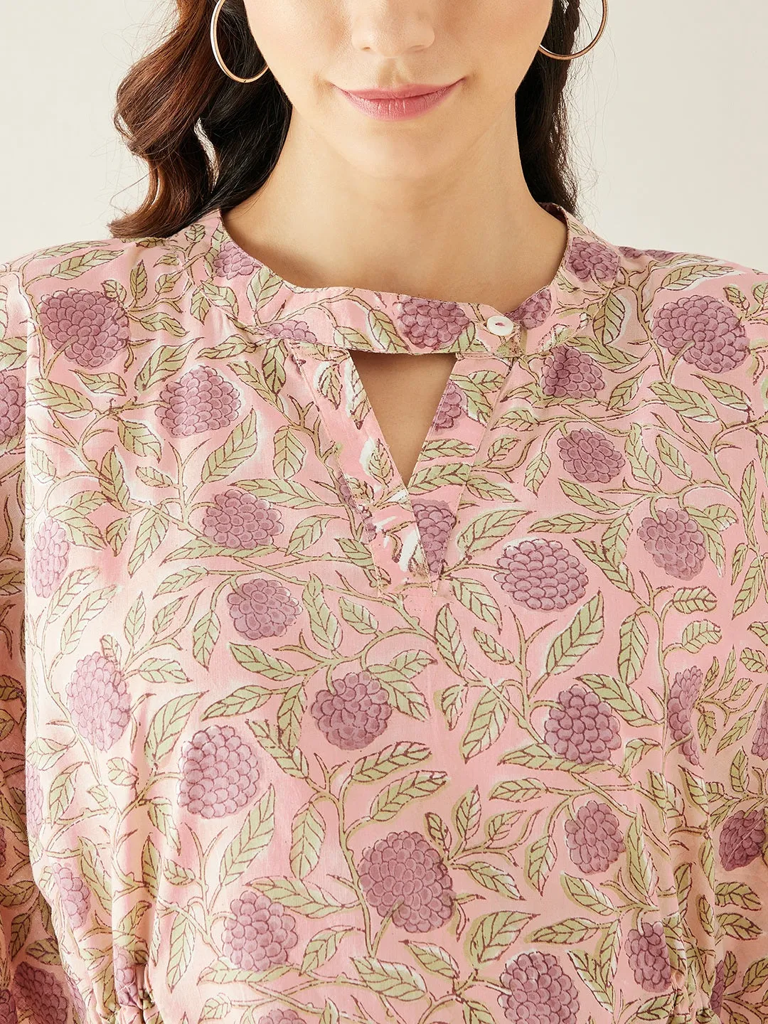 Pink Hand Block Floral Printed Cotton Kaftan Dress
